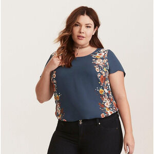 Torrid Size 2X Floral Print Knit To Woven Top Teal Blue